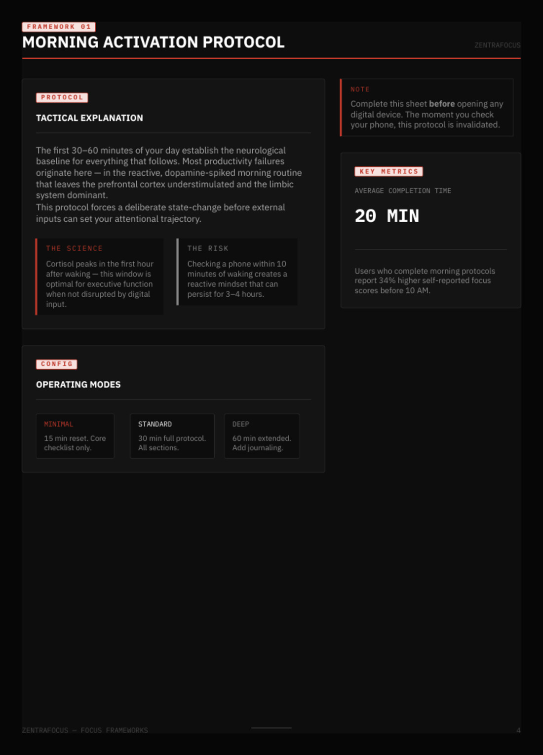 Morning Activation Protocol — a real worksheet page from the Execution Frameworks